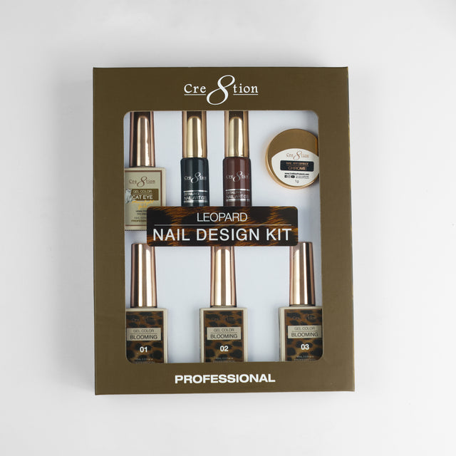 Cre8tion Leopard nail design kit in its olive box, six gel bottles and a jar seen through the window