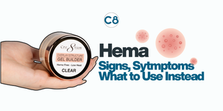 Hema Free Symptoms guide with Cre8tion Gel Builder product; highlights signs, symptoms, and alternatives for Hema-free nail care