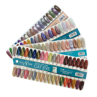 Cre8tion cat eye gel swatch board showing magnetic flare effects — Cat Eye 101 at C8 Nail Supply