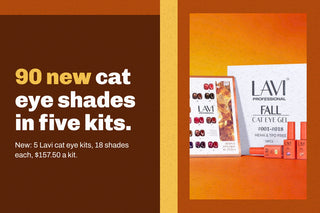 Lavi Fall cat eye gel kit on burnt orange paper, headline 90 new cat eye shades in five kits