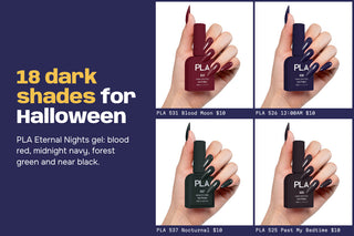 Four hands holding PLA Blood Moon, 12:00AM, Nocturnal and Past My Bedtime gel on navy, headline 18 dark shades for Halloween