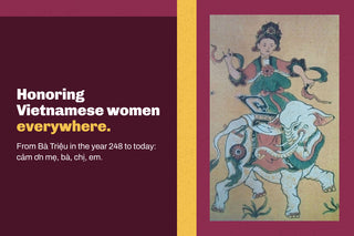 Dong Ho folk painting of Lady Trieu on a white elephant beside the words Honoring Vietnamese women everywhere