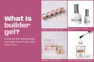 Rose panel reading What is builder gel? beside Cre8tion builder gel jars, ORLY Builder In A Bottle and a Cre8tion color chart