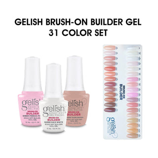 Gelish Brush-On Builder Gel full set of 31 HEMA-free and TPO-free bottles displayed with color chart — new arrivals at C8 Nail Supply