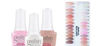 Brush-on builder gel bottles and swatched tips, builder gel compared with hard gel and PolyGel at C8 Nail Supply