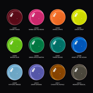 Swatch sticks showing all 12 shades in the Chaun Legend Glaze Collection jelly gel range