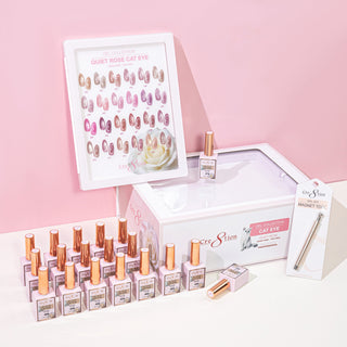 Cre8tion Cat Eye Quiet Rose Kit with 24 magnetic gel polish colors and swatch sticks, part of the 10-kit cat eye drop at C8 Nail Supply