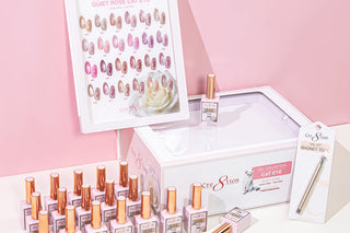 Cre8tion Cat Eye Quiet Rose kit open with 24 magnetic gel bottles and swatch sticks laid out in shade order