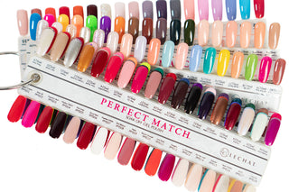 LeChat Perfect Match color chart open on rows of painted nail tips, each swatch numbered