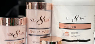 Cre8tion Cover Pink acrylic powder on the bench, gel and dip and acrylic compared at C8 Nail Supply