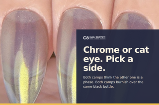 Chrome or cat eye, pick a side. Three nails in a violet to gold mirror chrome beside a C8 Nail Supply panel.