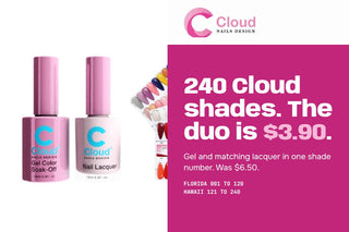 Cloud brand spotlight card: Cloud gel and lacquer bottles beside a pink panel reading 240 Cloud shades, the duo is $3.90