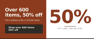 Over 600 items 50% off at C8 Nail Supply, with 40, 30 and 20 percent deal tiers
