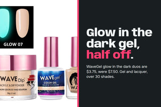 C8 weekly deals card: WaveGel glow in the dark set with a tip glowing aqua, headline glow in the dark gel, half off