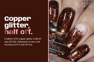 Nails in Cre8tion G70 copper glitter beside a deep copper panel reading copper glitter, half off