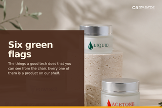 Six green flags, a C8 Nail Supply blog card showing nail liquid and powder jars on a travertine counter
