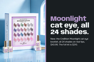 Cre8tion Moonlight cat eye kit with its booklet of 24 swatched tips beside an off-black panel reading Moonlight cat eye, all 24 shades