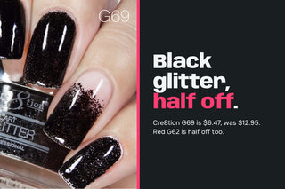 Nails in Cre8tion G69 black glitter beside a dark panel reading black glitter, half off