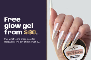 Nails in Cre8tion Crystal Chrome beside a dark panel reading free glow gel from $80