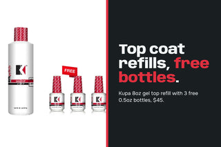 Kupa top coat refill with three free 0.5oz bottles beside the words top coat refills, free bottles