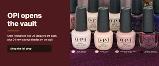 OPI opens the vault. Most Requested Fall 2026 OPI Nail Lacquer shades on a plum counter display at C8 Nail Supply, plus 24 new cat eye shades.