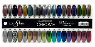 Cre8tion chrome nail art effect colour chart showing swatched nail tips in champagne, silver, rose and holographic finishes