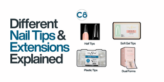 Different Nail Tips & Extensions Explained—featuring half tips, soft gel tips, plastic tips, and dual forms with product visuals