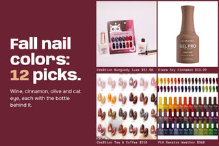 Wine panel reading Fall nail colors, 12 picks, beside Cre8tion Burgundy Luxe, Kiara Sky Cinnamon Twist, Tea and Coffee cat eye and PLA swatches
