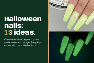 Night green panel reading Halloween nails, 13 ideas, beside Cre8tion glow gel nails in daylight and glowing in the dark