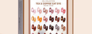 Cre8tion Tea and Coffee Cat Eye swatch board, 24 cured tips in caramel, copper and espresso, with HEMA Free and TPO Free printed on the card