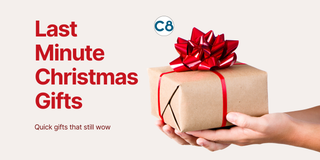 Hands holding a brown-wrapped gift with red bow; text reads “Last Minute Christmas Gifts: Quick gifts that still wow