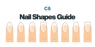 Nail Shapes Guide by C8 featuring illustrations of eight nail shapes, including almond, oval, square, and squoval, on white background