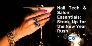 Hand with pink nails holding a cocktail glass; text reads “Nail Tech & Salon Essentials: Stock Up for the New Year Rush”