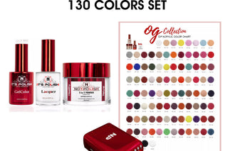 NotPolish OG Trio gel, lacquer and 2 in 1 powder beside the printed 130 shade color chart