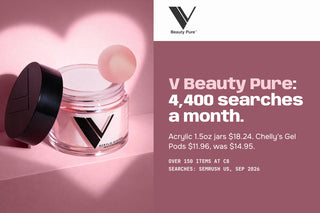 V Beauty Pure brand spotlight card: a Call Me Rose acrylic jar beside a rose panel reading V Beauty Pure, 4,400 searches a month