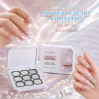 Hands with long pearly nails holding the Mother of Pearl palette, pearls on an iridescent set