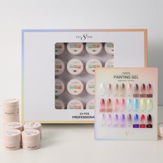 Cre8tion Ombre Painting Gel 24 piece boxed set with a pastel swatch chart and loose jars in front.