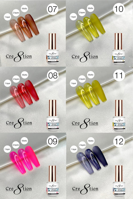 Cre8tion Jewel Collection Soak Off Gel 0.5oz - Juego completo de 12 colores con 3 diamantes superiores de 0.5oz y 1 juego de carta de colores