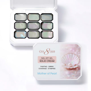 Open Cre8tion Mother of Pearl palette showing nine pearly cream shades, lid card beside it