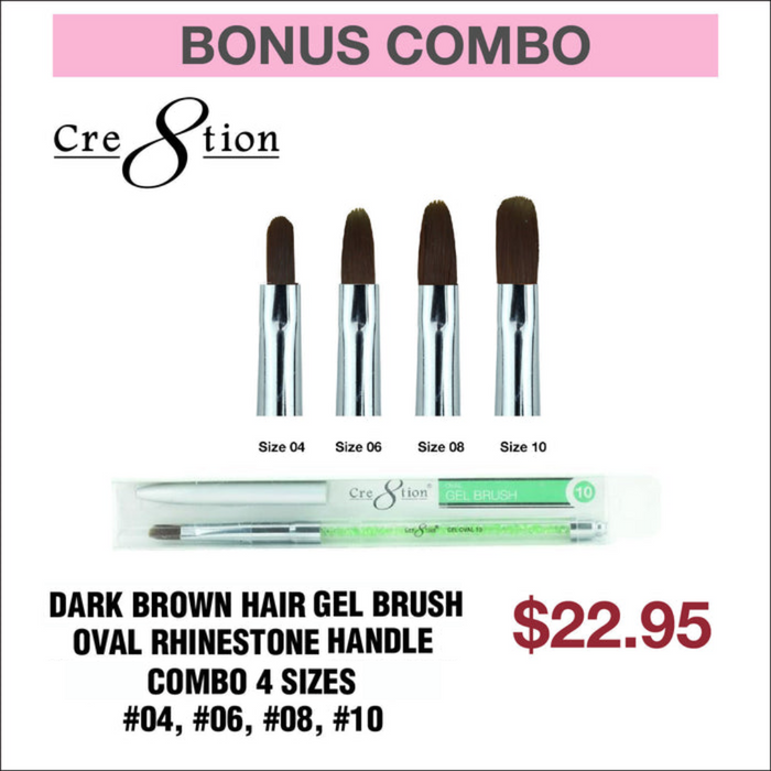 (Bonus Combo) Cre8tion Dark Brown Hair Gel Brush Oval Rhinestone Handle Combo 4 Sizes #04, #06, #08, #10