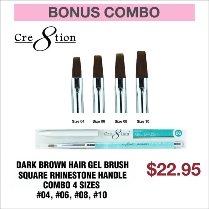(Bonus Combo) Cre8tion Dark Brown Hair Gel Brush Square Rhinestone Handle Combo 4 Sizes #04, #06, #08, #10