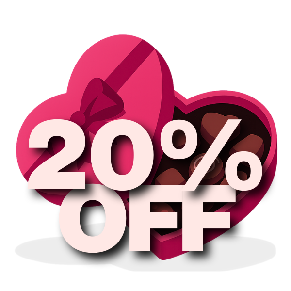 Heart-shaped chocolate box with a 20% off discount text on a white background