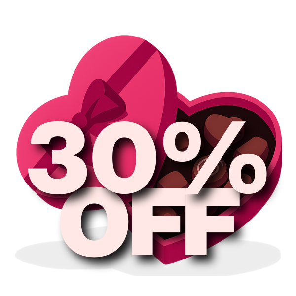 Heart-shaped chocolate box with a 30% off discount text on a white background