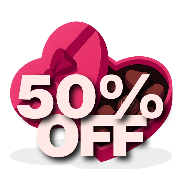 Heart-shaped chocolate box with '50% OFF' text on a white background