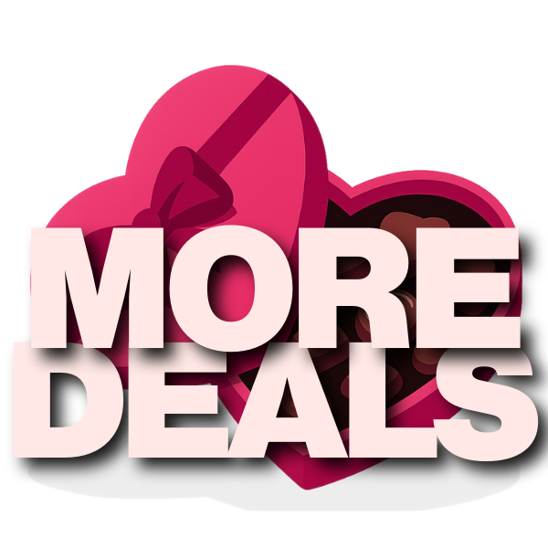 Promotional graphic with heart-shaped gift box and 'MORE DEALS' text on a white background