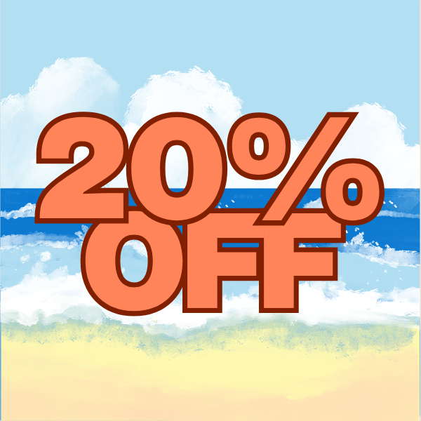 Promotional text '20% OFF' with a beach background