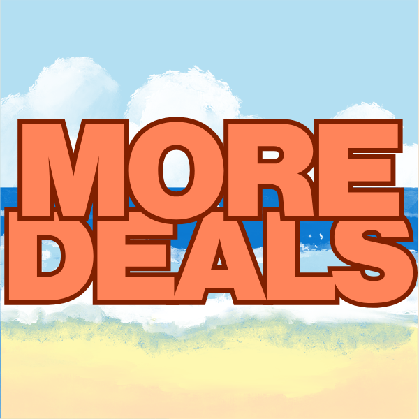 Large orange text 'MORE DEALS' against a blue sky with clouds and yellow ground.