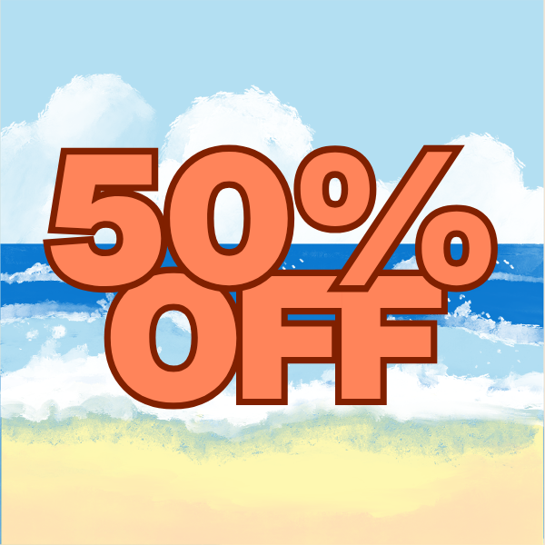 50% off text against a blue sky with clouds and yellow ground