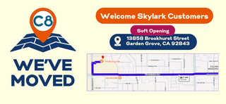 Advertisement for C8 with a map and text about Skylark Customers moving to a new location.