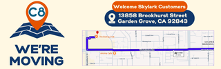 Advertisement for C8 with a map and text about Skylark Customers moving to a new location.
